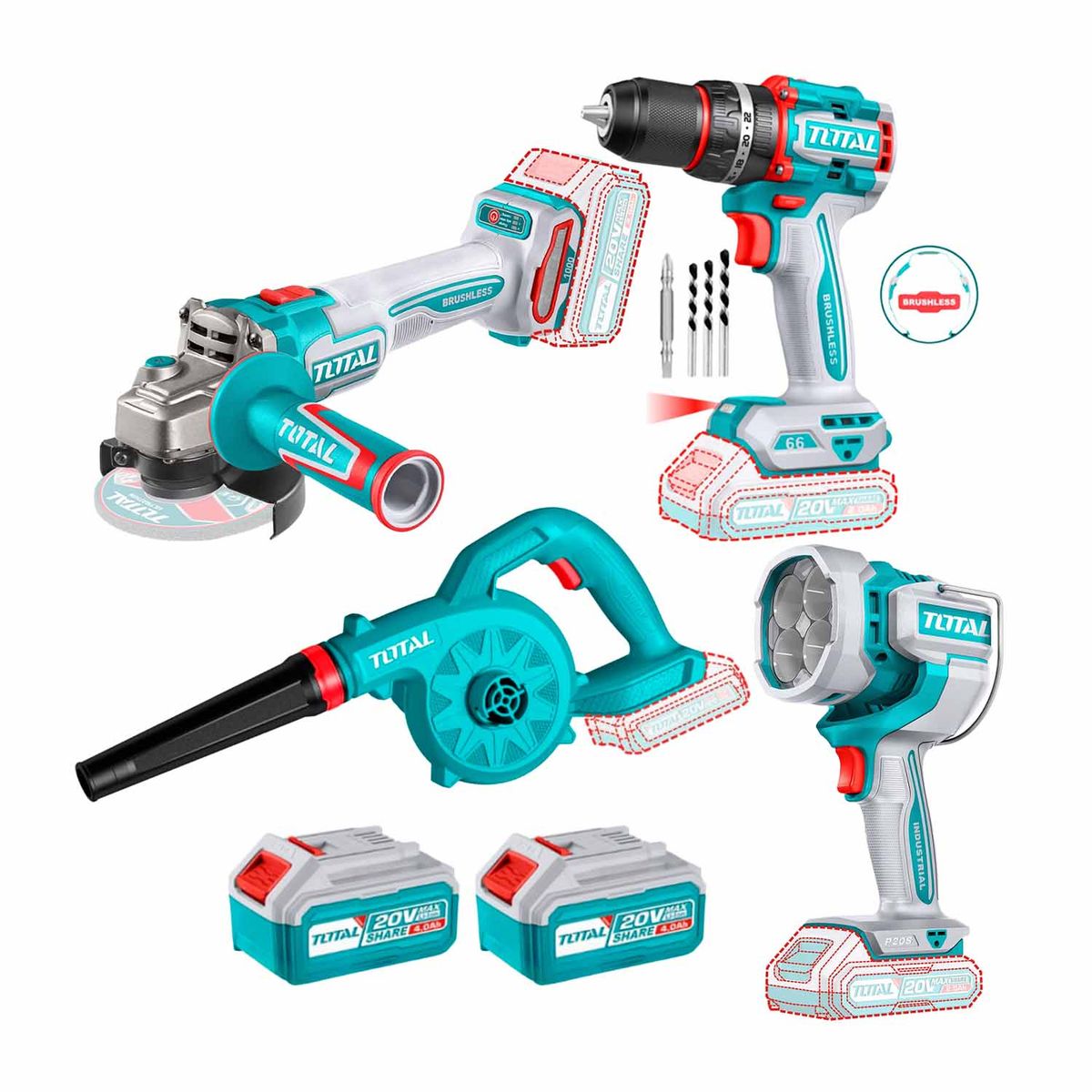 Combo Taladro 66nm + Amoladora + Sopladora + Linterna 2bat, marca TOTAL - Foto Principal