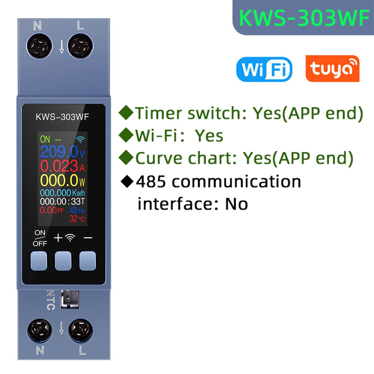 GENERICO - Medidor Digital KWS-303WF WiFi Voltaje Corriente Potencia Riel DIN con Monitoreo en App