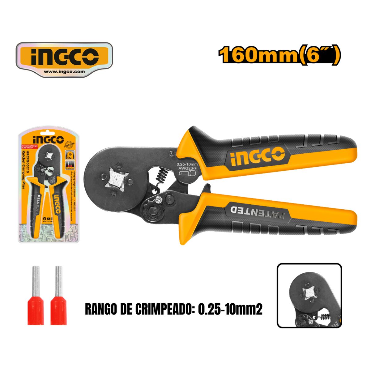 INGCO TOOLS - HRCPG05210 ALICATE CRIMPEADOR DE TERMINALES 6 160MM