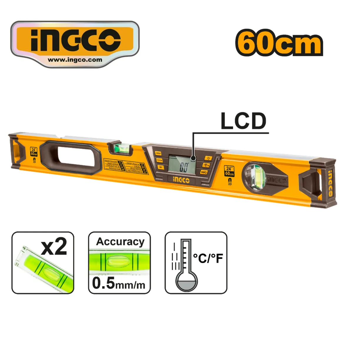 INGCO TOOLS - HSL08060D NIVEL ALUMINIO CON PANTALLA DIGITAL 60CM