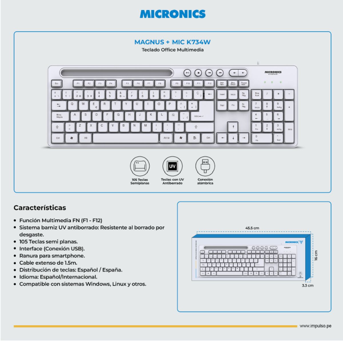 MICRONICS - Teclado Oficina Multimedia Blanco Ranura Smartphone Micronics Magnus+ MIC K734W