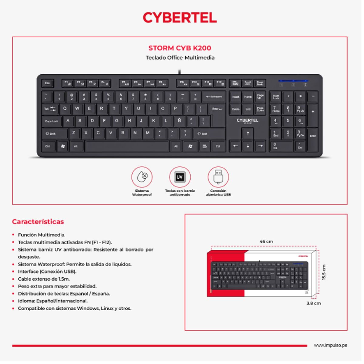 CYBERTEL - Teclado Oficina Waterproof Cybertel Storm - CYB K200