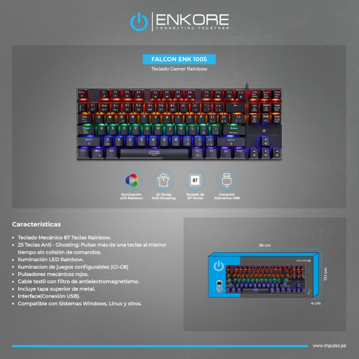 ENKORE - Teclado Mecánico TKL 87 Teclas RainbowLED Enkore Falcon 87  ENK 1005