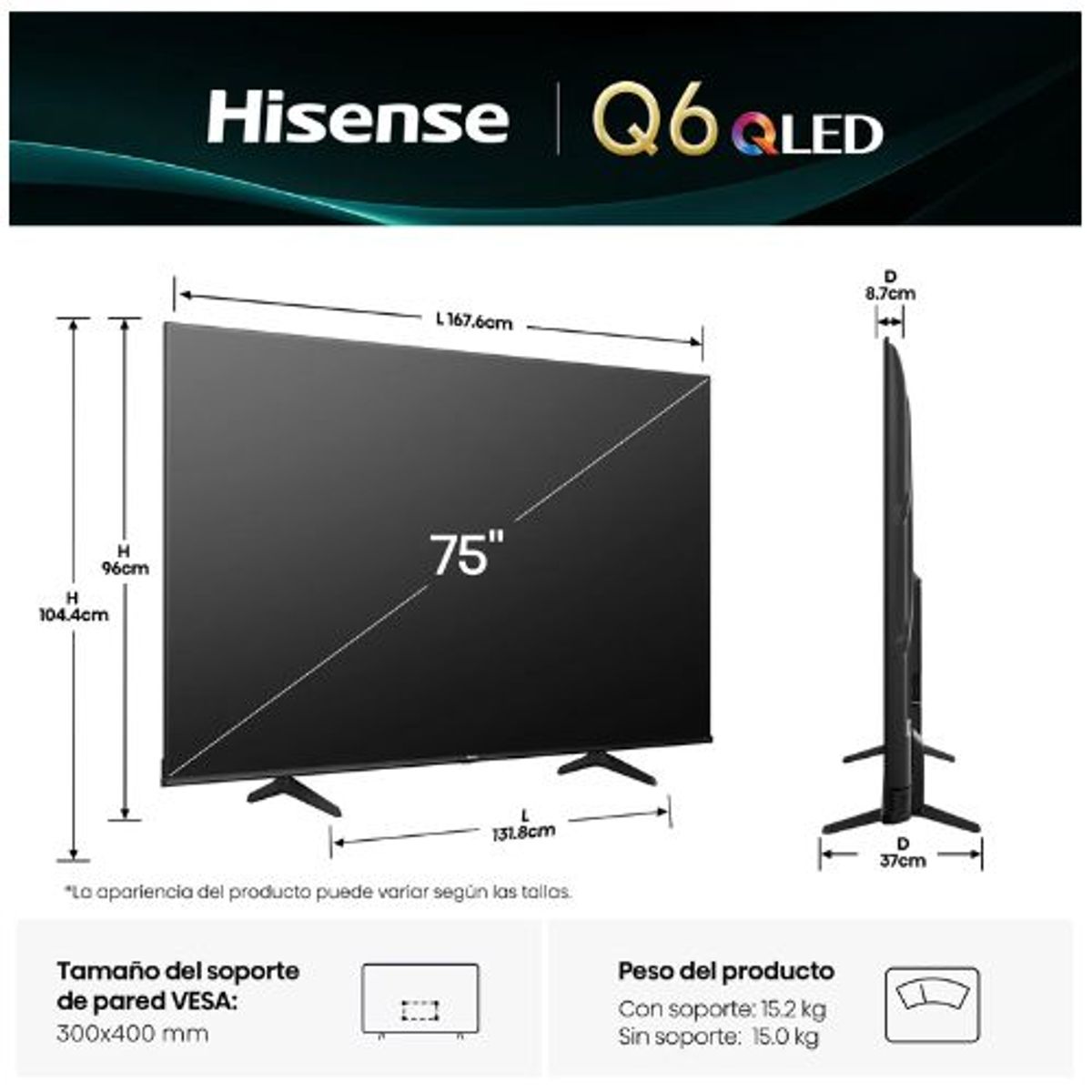 HISENSE - TELEVISOR HISENSE QLED 75 4K UHD GOOGLE TV 75QD6N -CONTROL DE VOZ MANOS LIBRES
