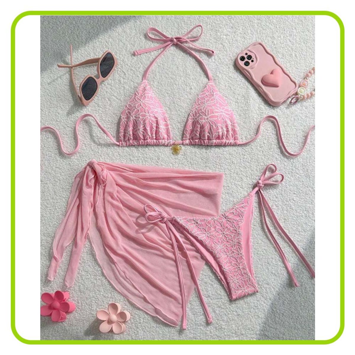 GENERICO - Conjunto Bikini Con Pareo 3 Piezas Rosado Con Flores