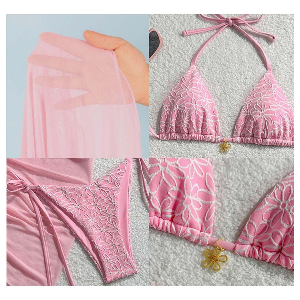 GENERICO - Conjunto Bikini Con Pareo 3 Piezas Rosado Con Flores