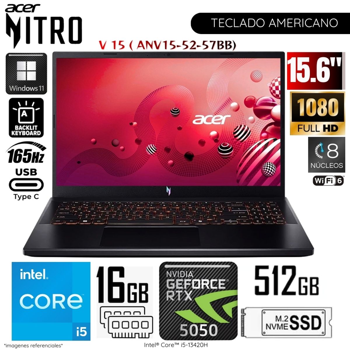 ACER - Laptop Acer Nitro ANV15-52-57BB Intel Core i5-13420H 16GB RAM 512GB SSD RTX5050-8GB 15.6"  FHD WIN11