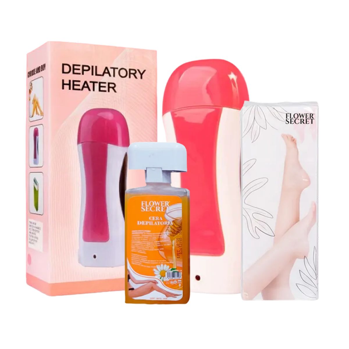 GENERICO - Pack Calentador de Cera Roll-On + Cera Flower Secret + Bandas Depilatorias