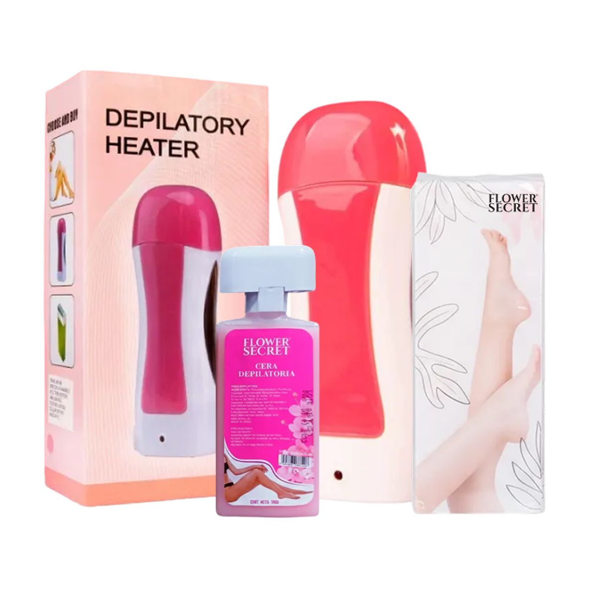 GENERICO - Pack Calentador de Cera Roll-On + Cera Flower Secret + Bandas Depilatorias