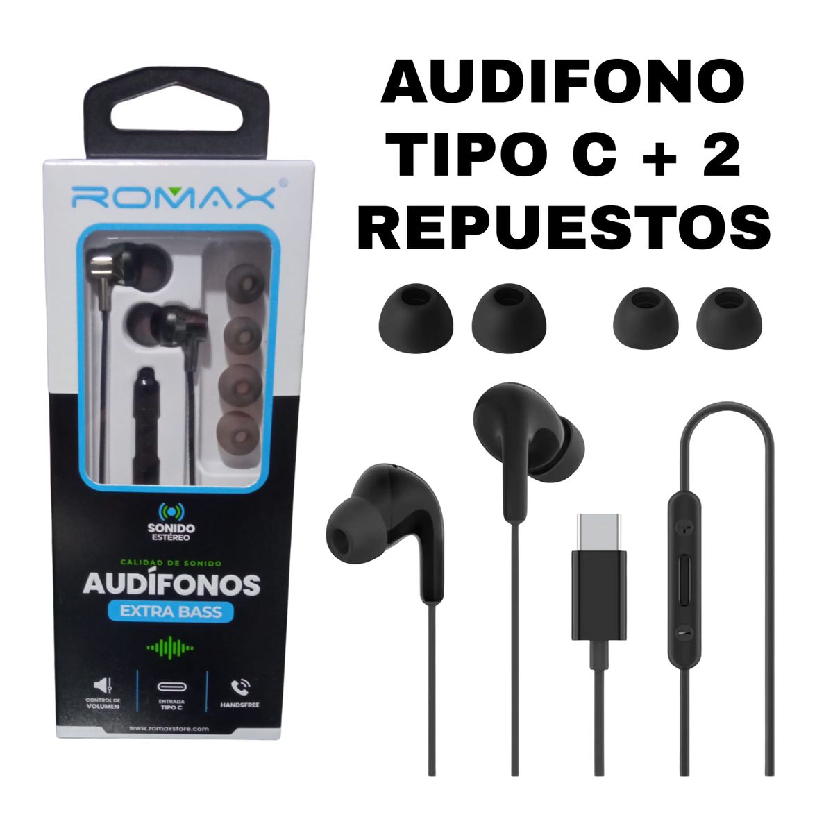 ROMAX - AUDIFONO TIPO C NEGRO ROMAX EXTRA BASS CON 2 REPUESTOS Y CONTROL VOLUMEN  TCA0367