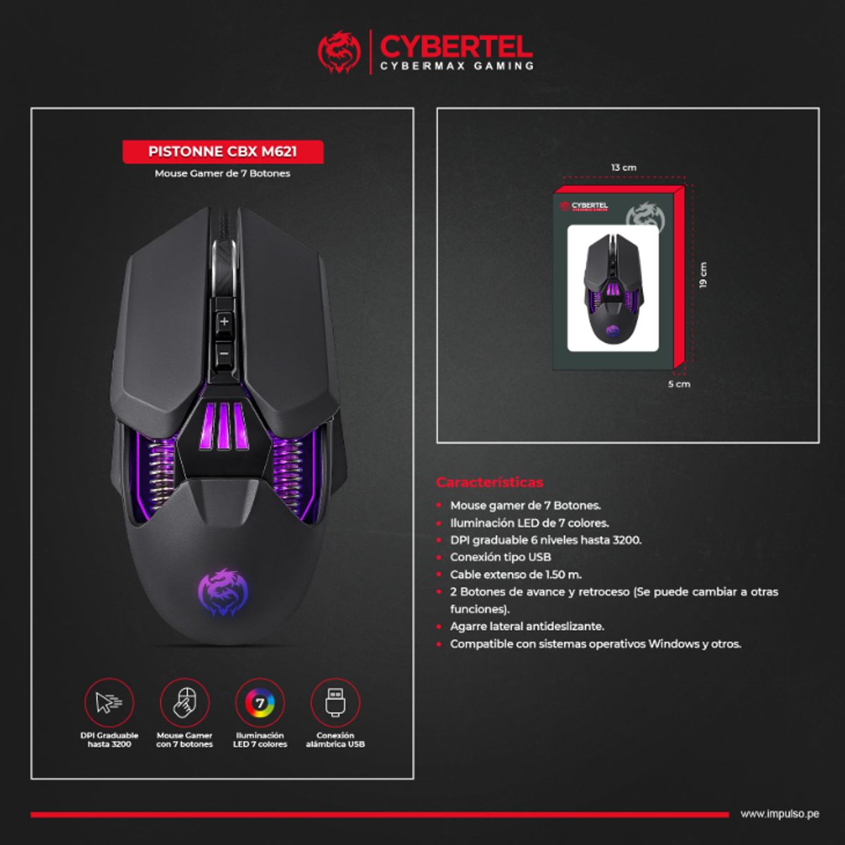 CYBERTEL - Mouse Gamer LED 6B 3600DPI Negro Cybertel Pistonne - CBX M621