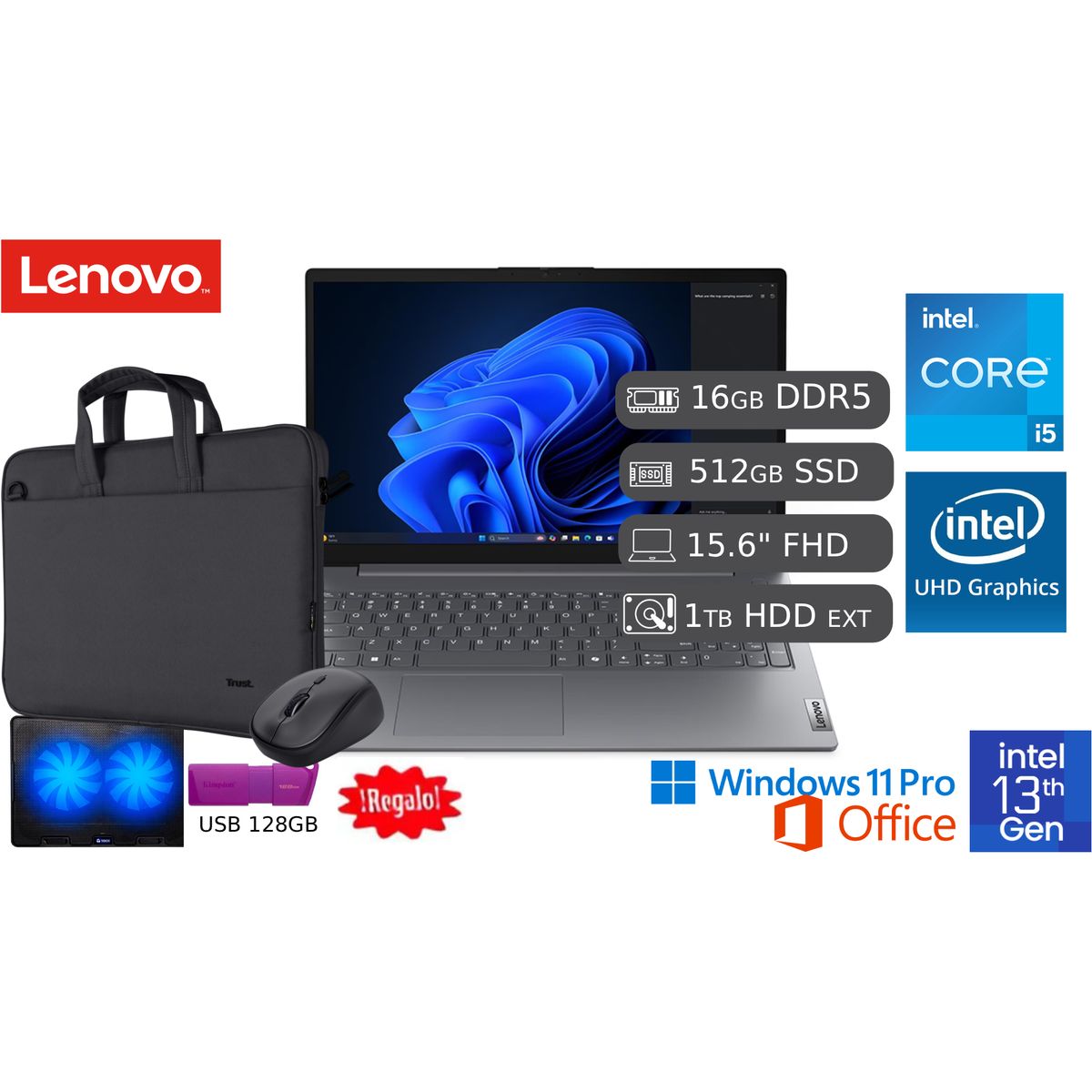LENOVO - Laptop Lenovo V15 G5 IRL i5-13420H 16GB DDR5 512GB SSD 156 FHD + 1TB HDD EXTERNO + COOLER