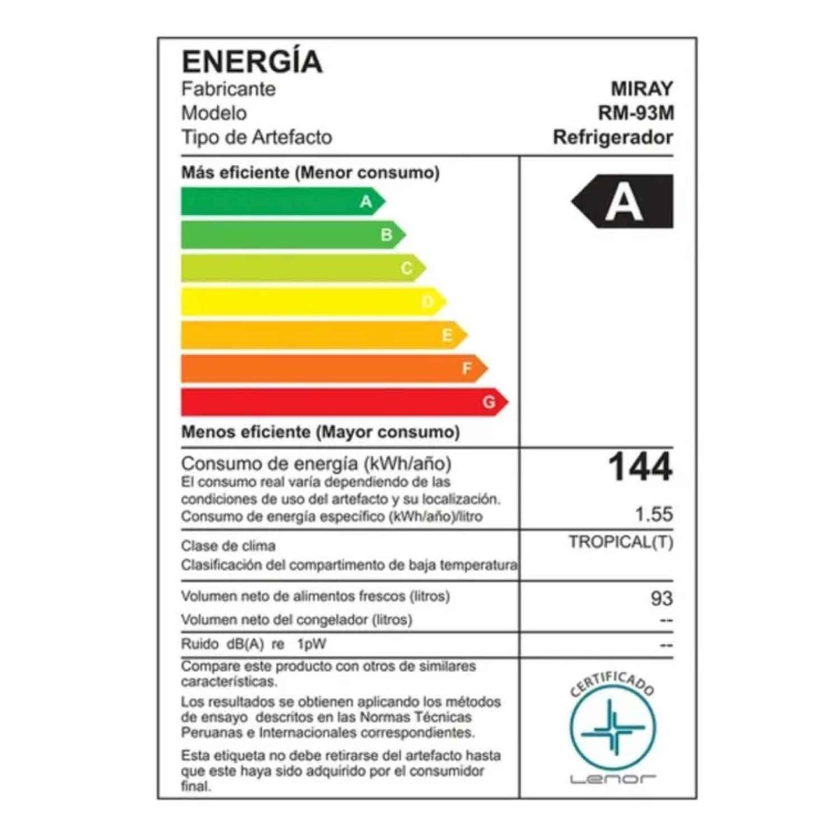 MIRAY - Frigobar Refrigeradora Miray RM-93M 93 Litros Iluminación interna Negro