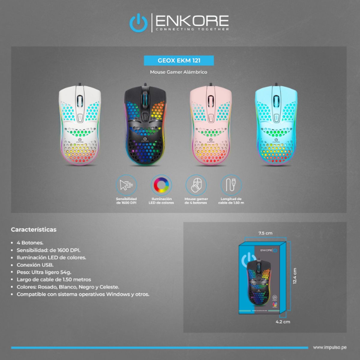 ENKORE - Mouse Gamer LED Alámbrico 1600DPI  Blanco Enkore Geox Ingravide EKM 121W