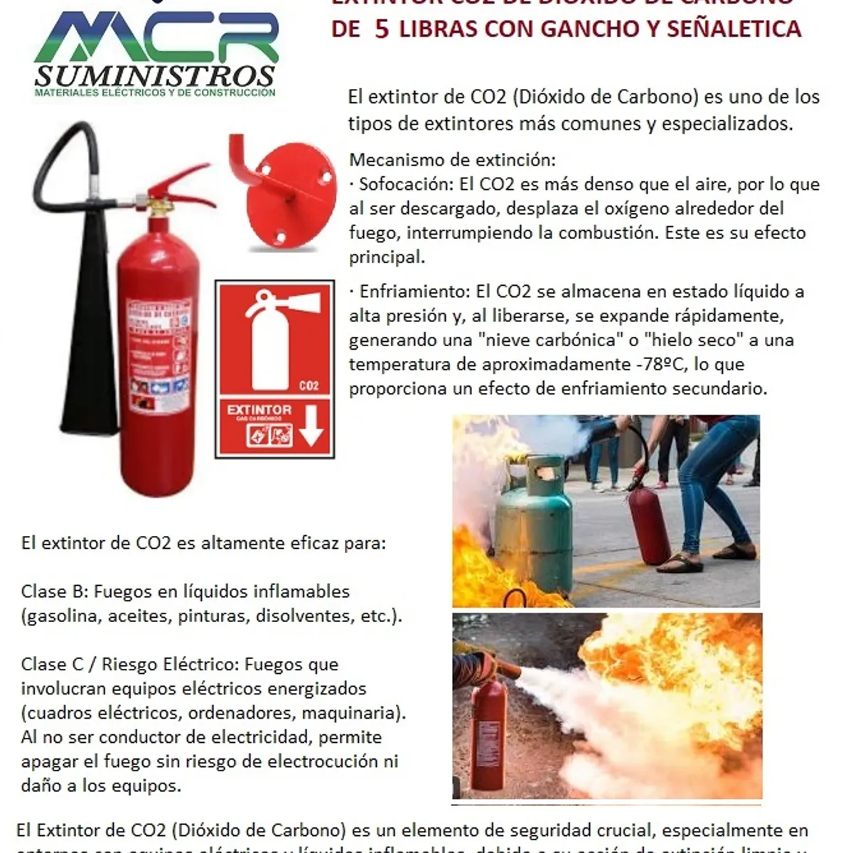 GENERICO - EXTINTOR CO2 DE DIOXIDO DE CARBONO DE 5 LIBRAS CON GANCHO Y SEÑALETICA