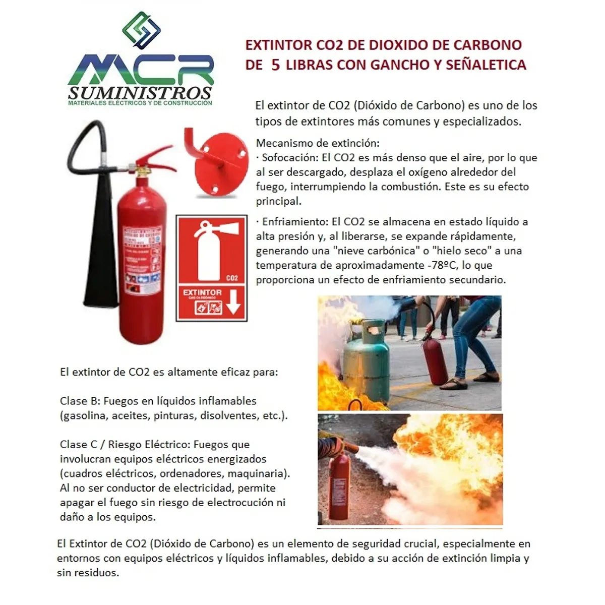 GENERICO - EXTINTOR CO2 DE DIOXIDO DE CARBONO DE 5 LIBRAS CON GANCHO Y SEÑALETICA