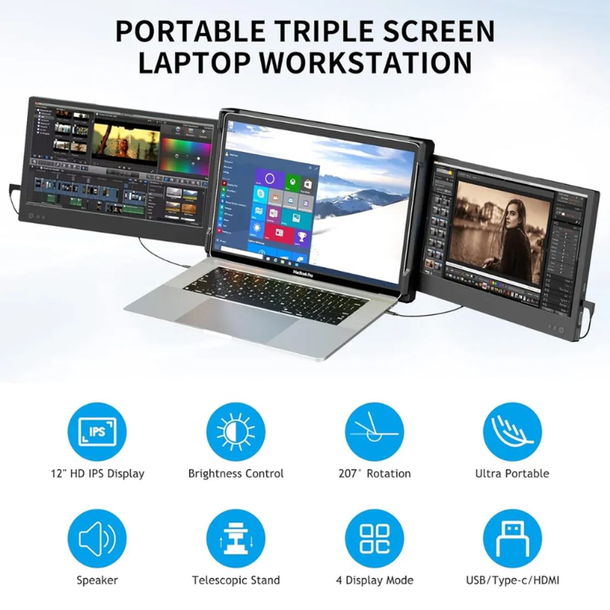 GENERICO - Monitor Triple Portátil Alecewey Con Base Y Funda