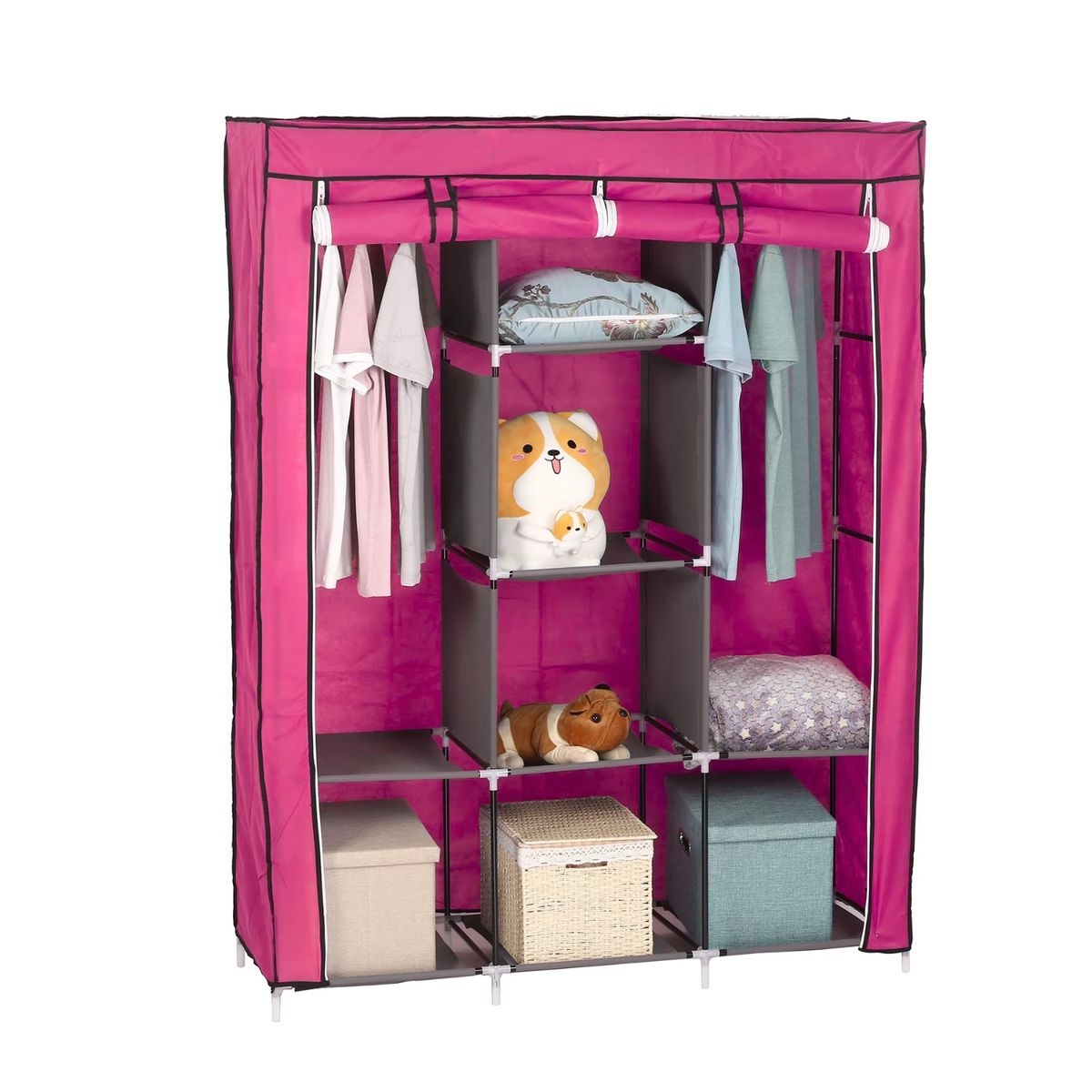 Pentha - Ropero Armable de Tela 3 Cuerpos Con 8 Divisiones Fucsia