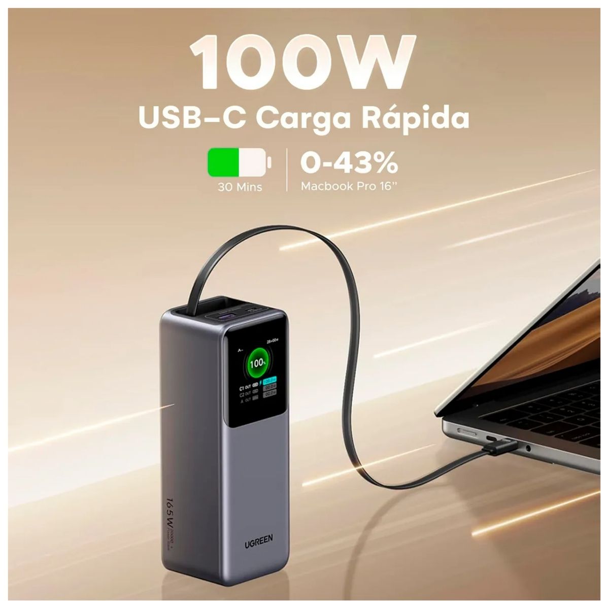 UGREEN - Power Bank UGREEN 20000mAh Nexode 165W  - Carga Rápida Laptop USB-C  Retráctil y Pantalla TFT