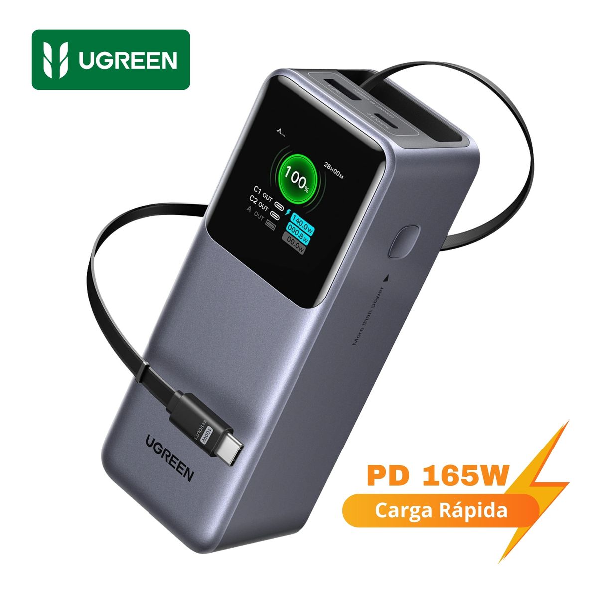 UGREEN - Power Bank UGREEN 20000mAh Nexode 165W  - Carga Rápida Laptop USB-C  Retráctil y Pantalla TFT