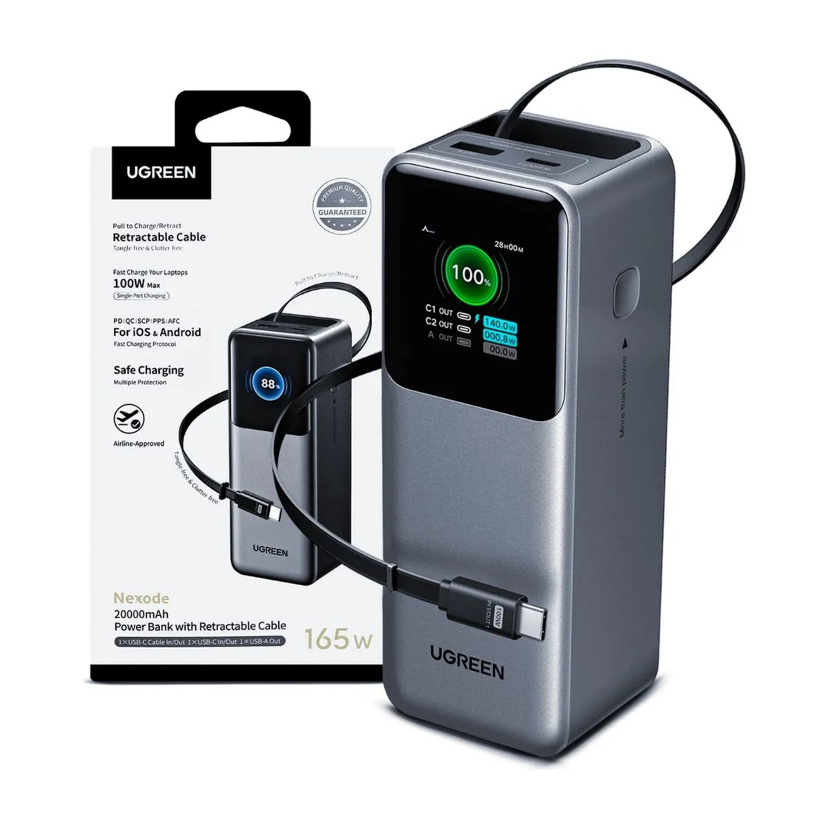 UGREEN - Power Bank UGREEN 20000mAh Nexode 165W  - Carga Rápida Laptop USB-C  Retráctil y Pantalla TFT