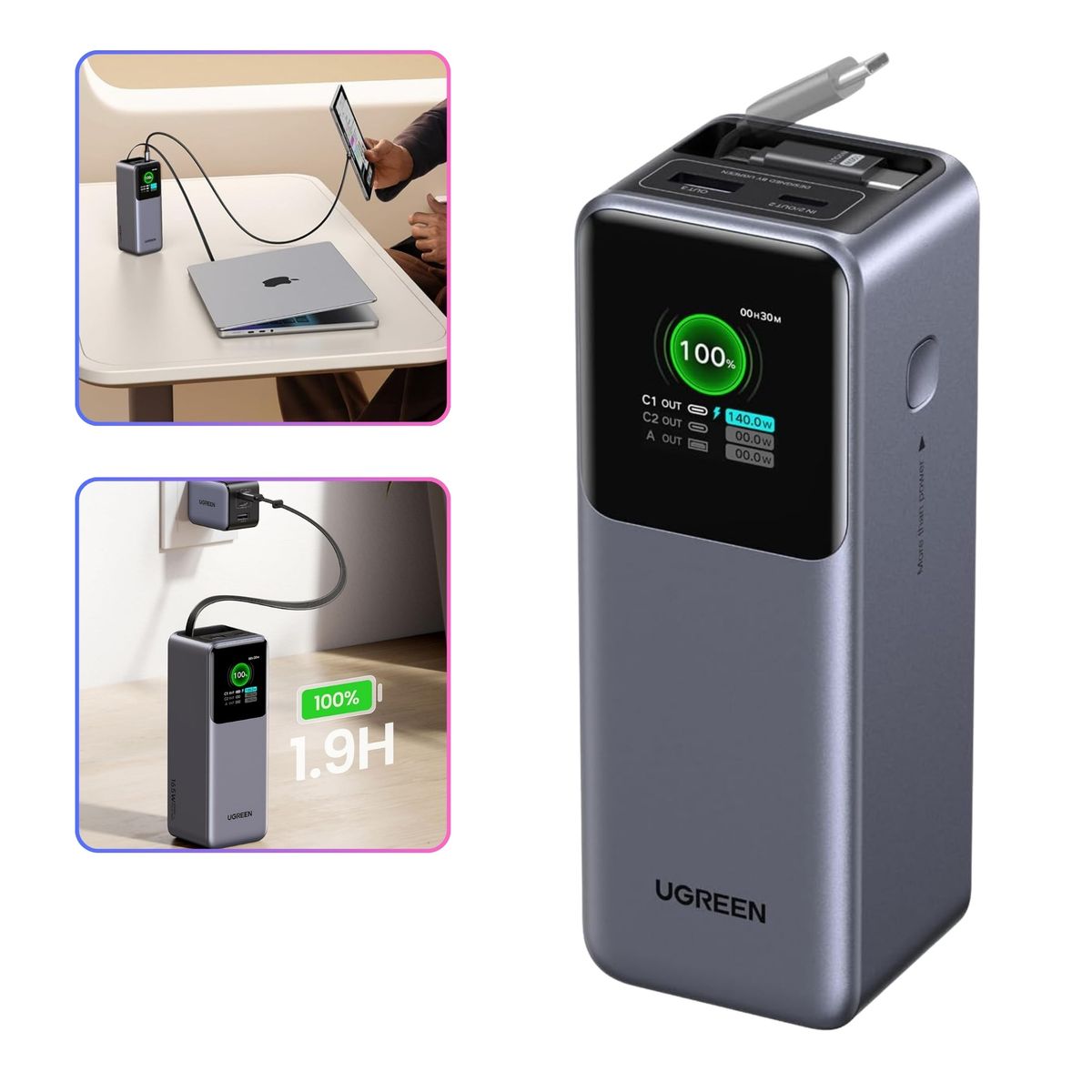 UGREEN - Power Bank UGREEN 20000mAh Nexode 165W  - Carga Rápida Laptop USB-C  Retráctil y Pantalla TFT