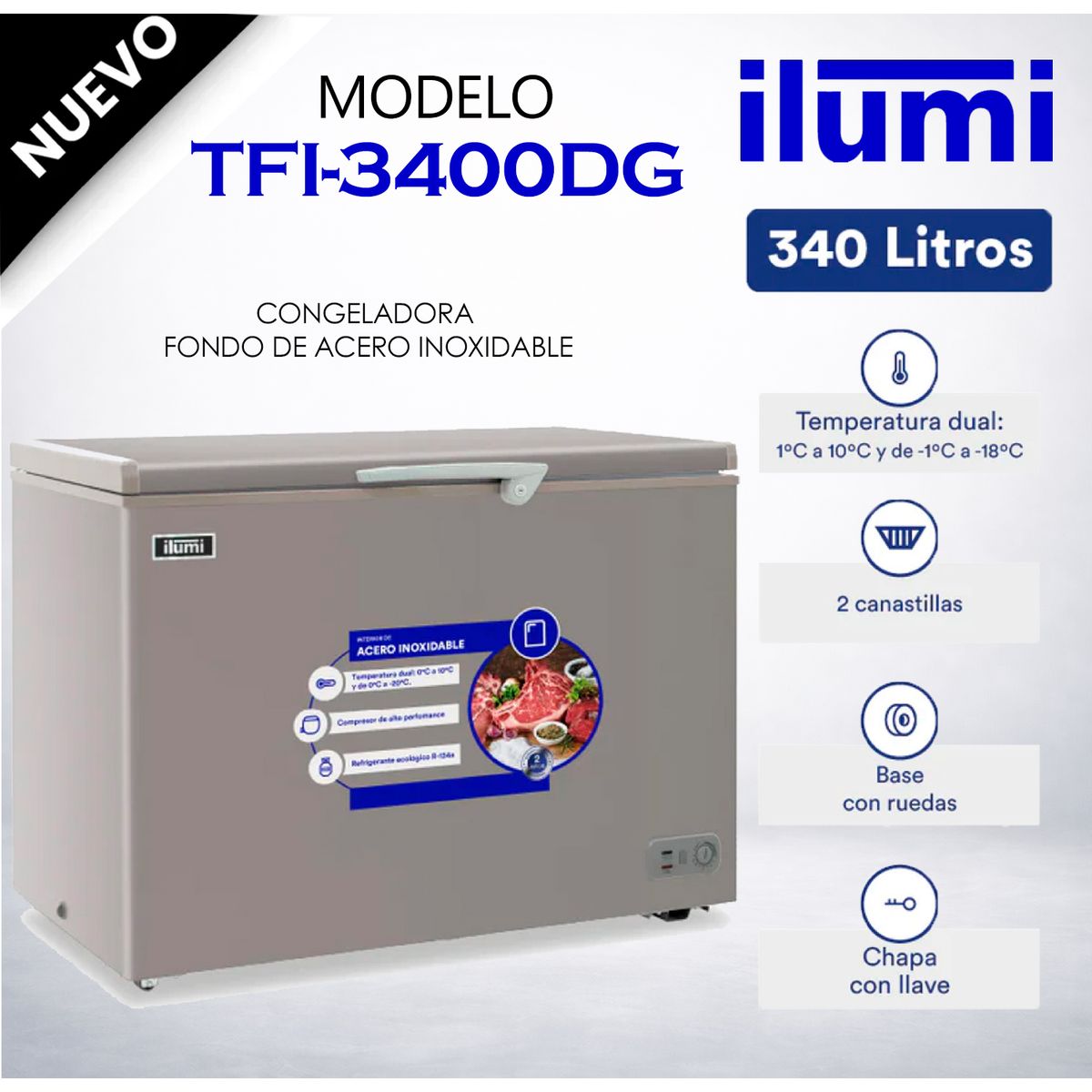 ILUMI - TFI-3400DG - Congelador Horizontal Con Tina De Acero Inoxidable 340Lt Silver Ilumi