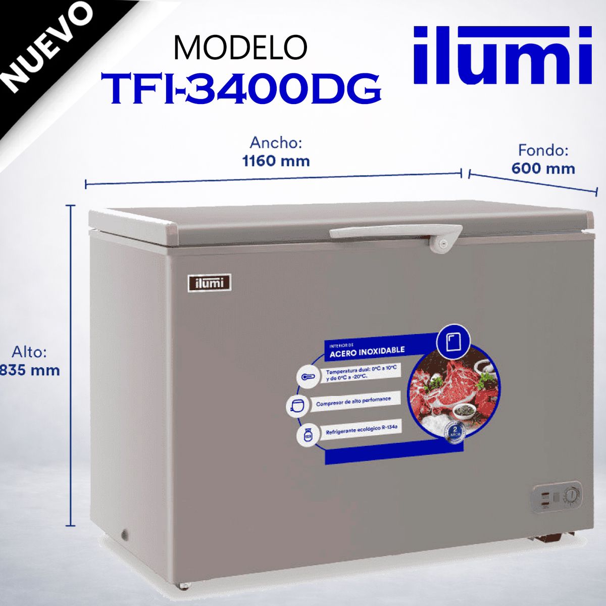 ILUMI - TFI-3400DG - Congelador Horizontal Con Tina De Acero Inoxidable 340Lt Silver Ilumi