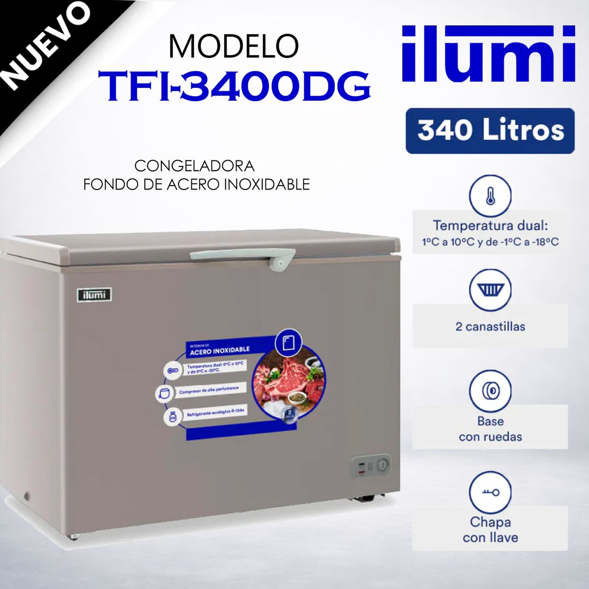 ILUMI - TFI-3400DG - Congelador Horizontal Con Tina De Acero Inoxidable 340Lt Silver Ilumi