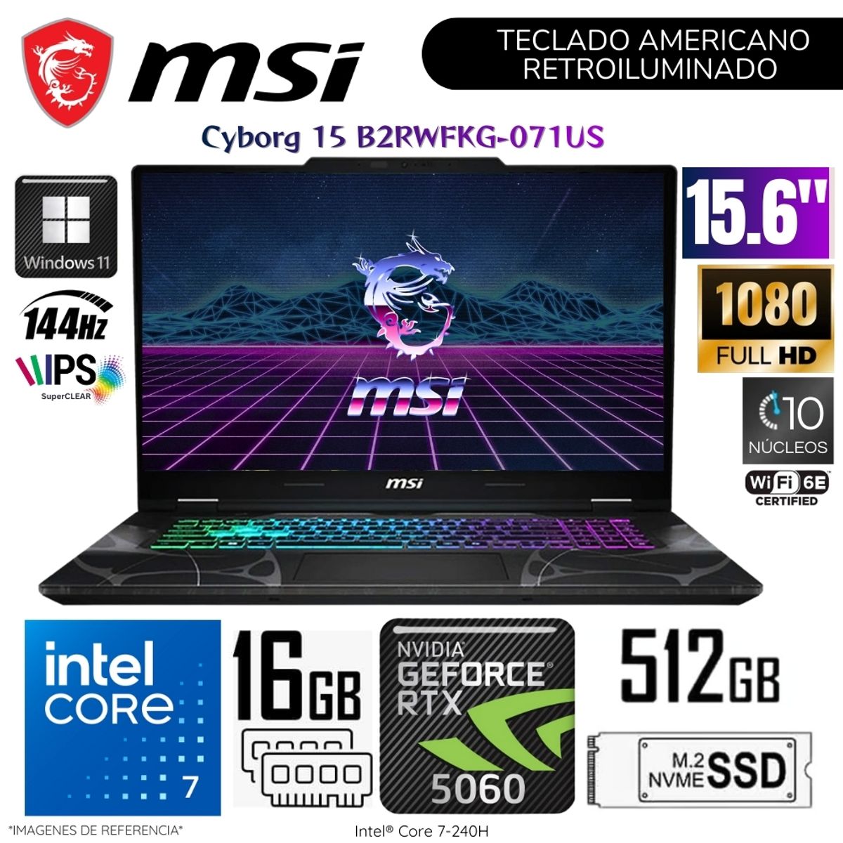 MSI - Laptop MSI Cyborg 15 B2RWFKG-071US Intel Core 7-240H 16GB RAM 512GB SSD RTX5060- 8GB 15.6"  FHD WIN11