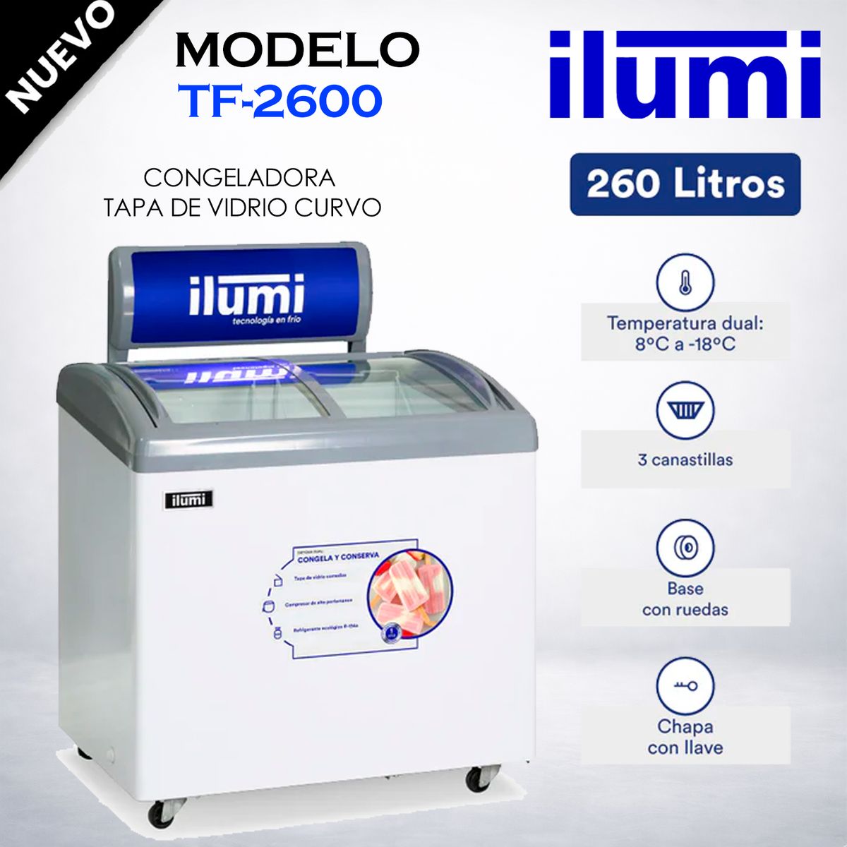 ILUMI - TF-2600 - Congelador Horizontal 260Lt Blanco Ilumi
