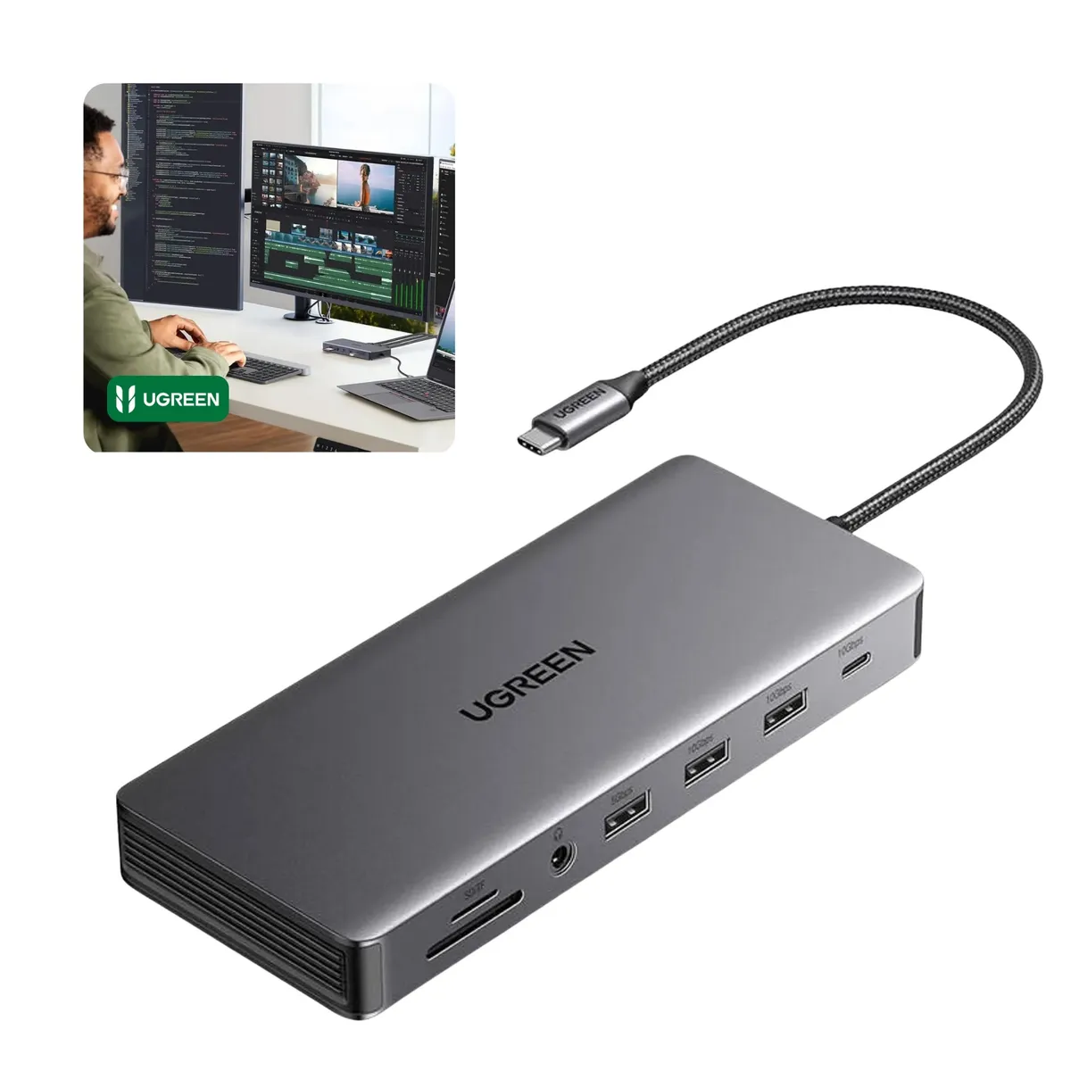 UGREEN - Adaptador Hub USB-C UGREEN 13 en 1 Multiport - HDMI 4K8K DisplayPort  LAN Gigabit y 100W PD