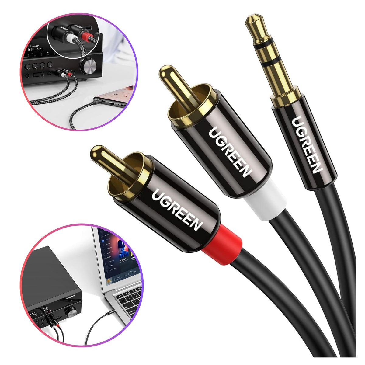 UGREEN - Cable de Audio UGREEN Auxiliar 3,5mm a 2 RCA  Equipo de Sonido Parlantes Amplificadores 5 METROS