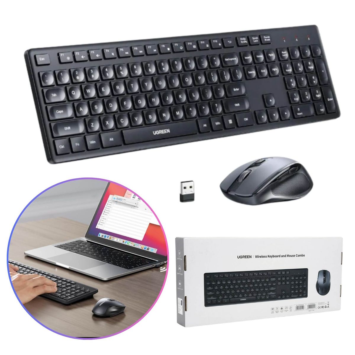 UGREEN - Combo Teclado y Mouse UGREEN Inalámbrico 24GHz - Teclado Silencioso Tamaño y Mouse Ergonómico