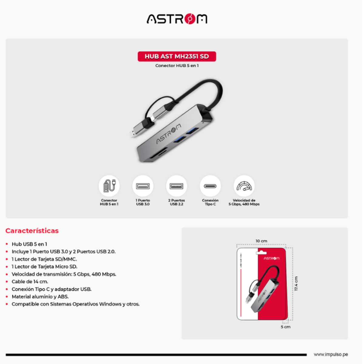 ASTROM - Puertos Múltiples Aluminio Conexion Usb 5 en 1,1Puerto USB 3.0, 2 Puertos USB 2.2.Astrom ASTMH2351SD