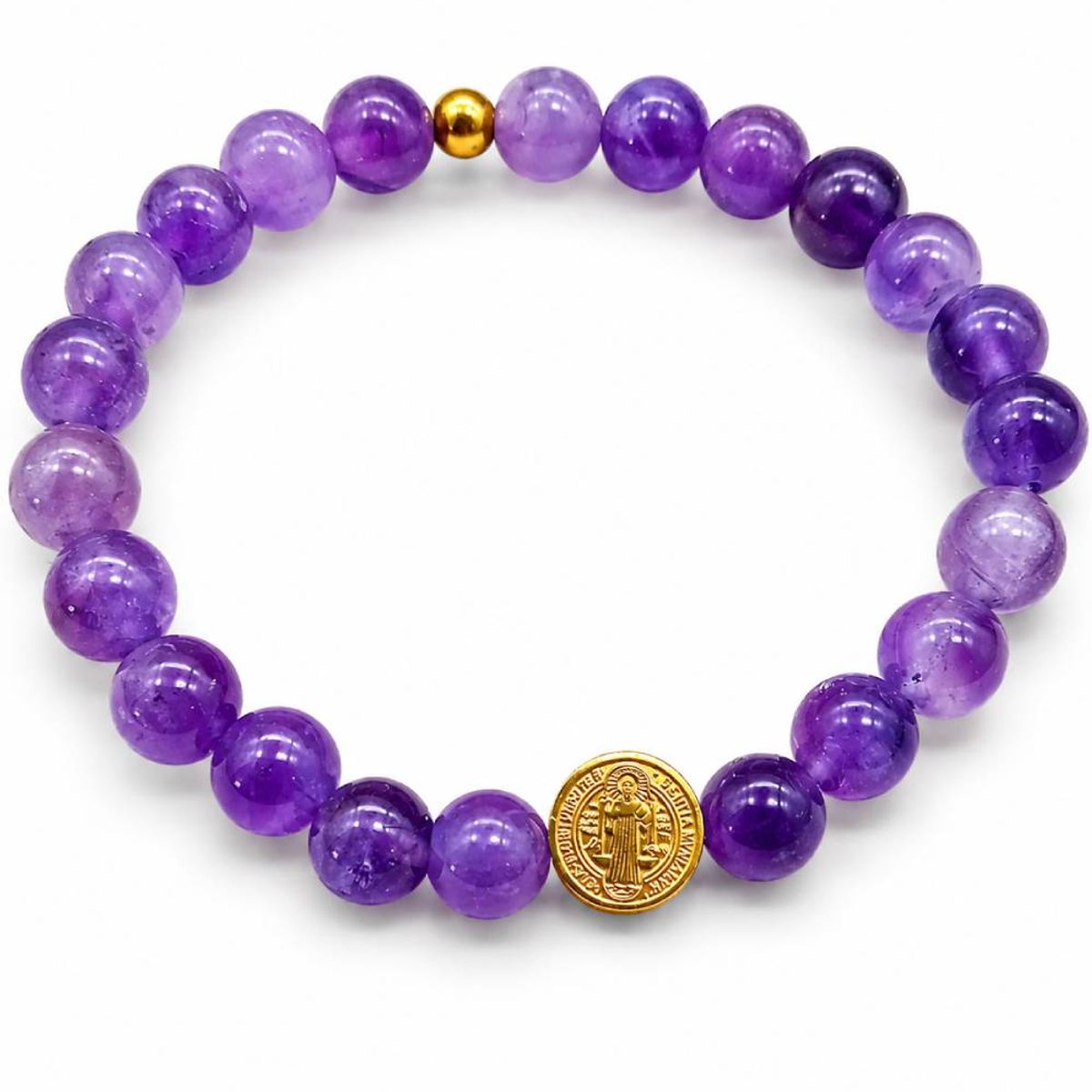 GENERAL - Pulsera Elástica de Amatista con Dije Reversible San Benito y Santa Cruz