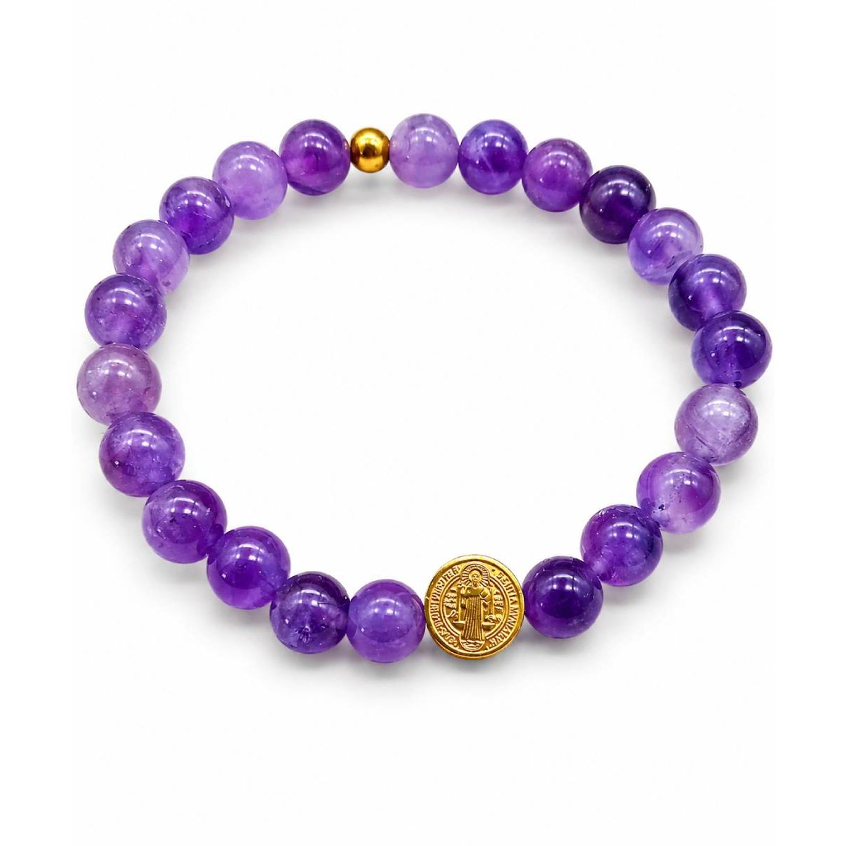 GENERAL - Pulsera Elástica de Amatista con Dije Reversible San Benito y Santa Cruz