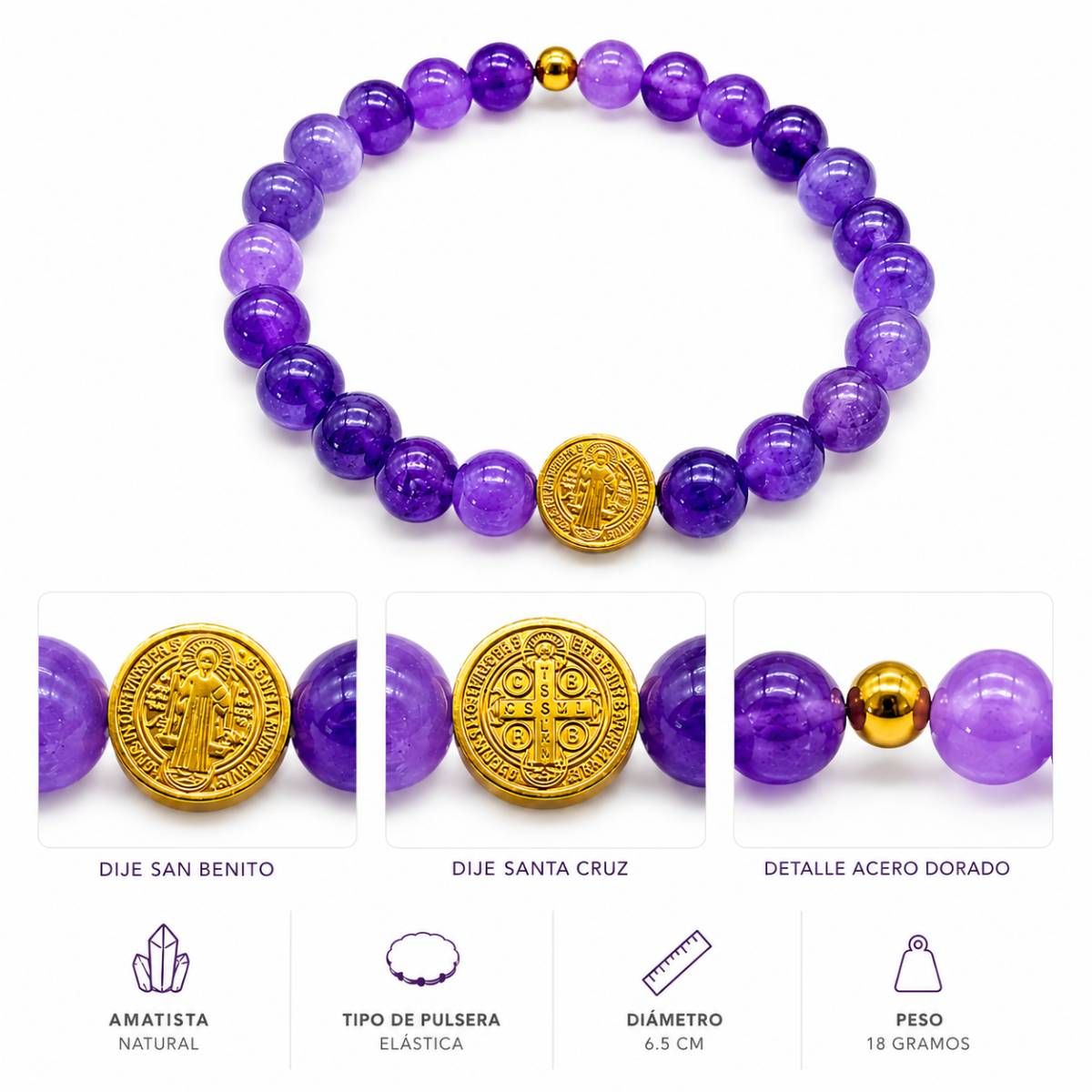 GENERAL - Pulsera Elástica de Amatista con Dije Reversible San Benito y Santa Cruz