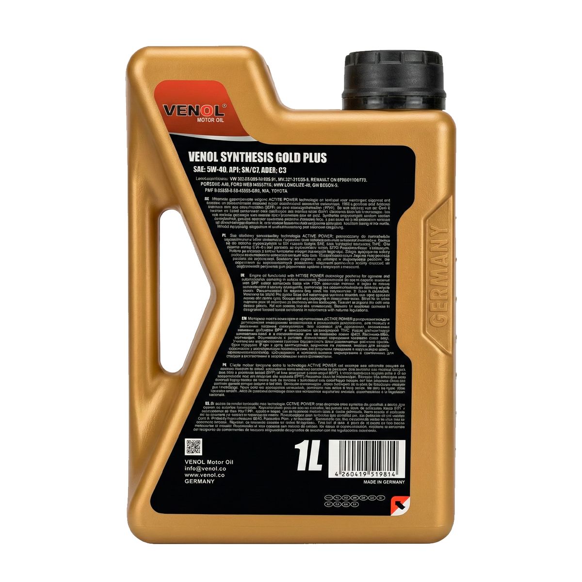 VENOL - Aceite de Motor Venol Synthesis Gold 5W-40 SN/CF – 1 Litro