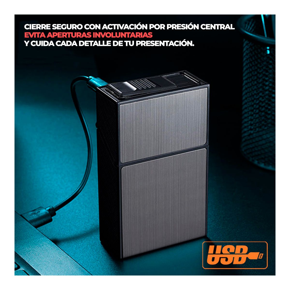 GENERICO - Porta Cigarrera Estuche + Encendedor Incandescente Negro Gris