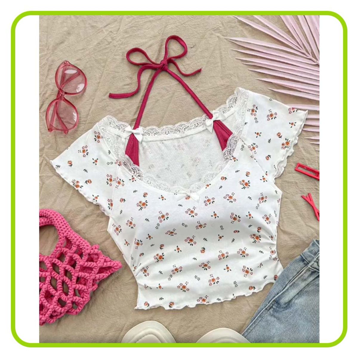 GENERICO - Shein Polo Crop Top Coquette Blanco Con Flores y Amarre al Cuello
