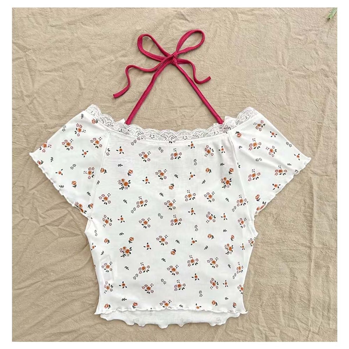 GENERICO - Shein Polo Crop Top Coquette Blanco Con Flores y Amarre al Cuello