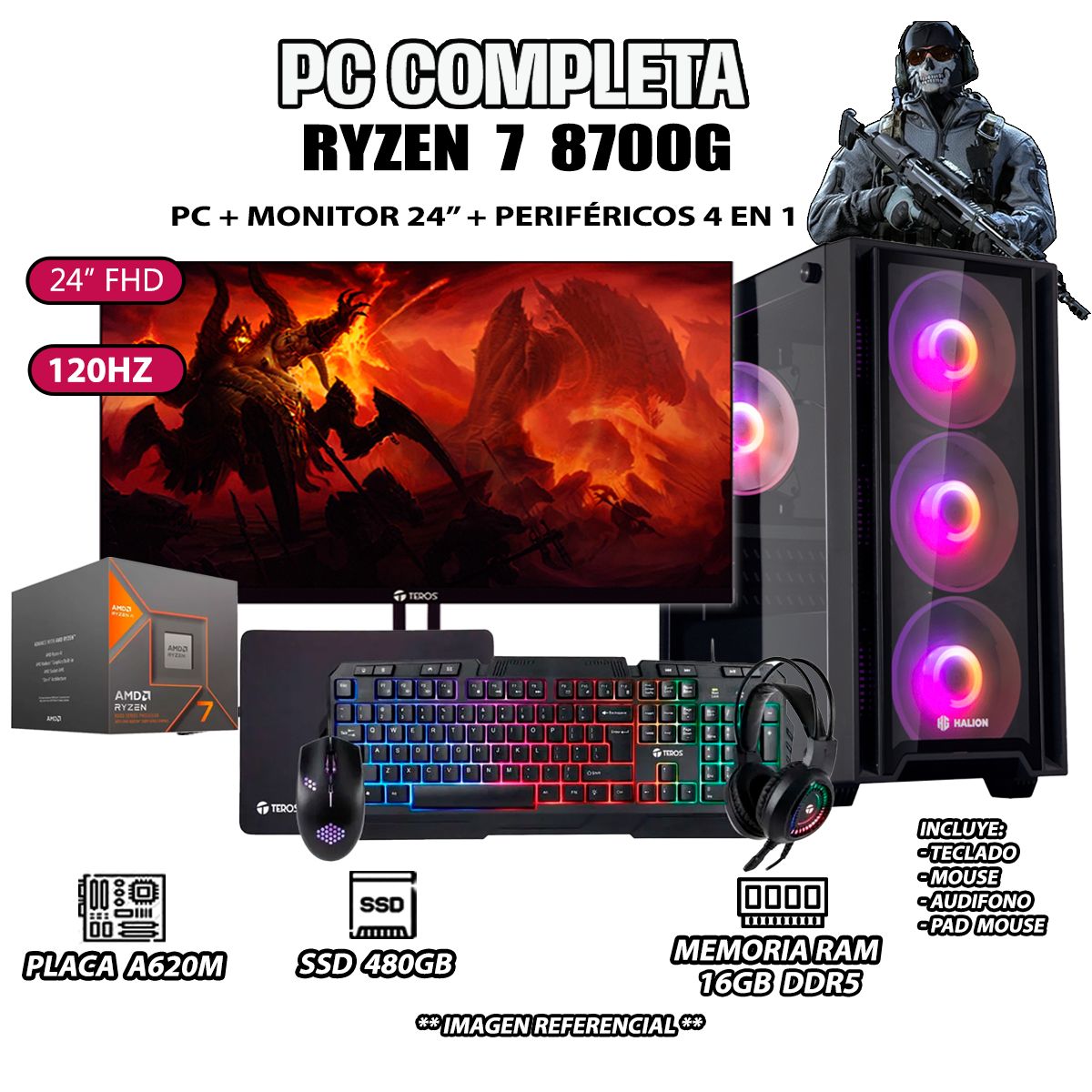 AMD - Computadora PC Completa Ryzen 7 8700G RAM 16GB DDR5 SSD 500GB MONITOR 24" FULL HD
