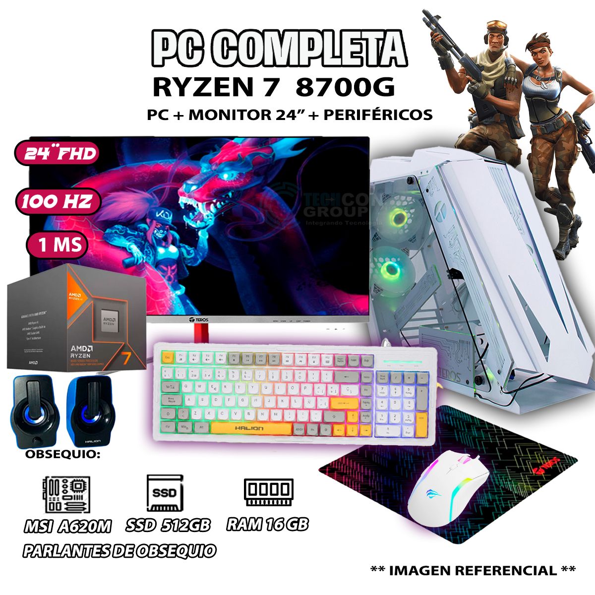 AMD - Computadora PC Completa Ryzen 7 8700G RAM DDR5 16GB SSD 500GB MONITOR 24" FULL HD