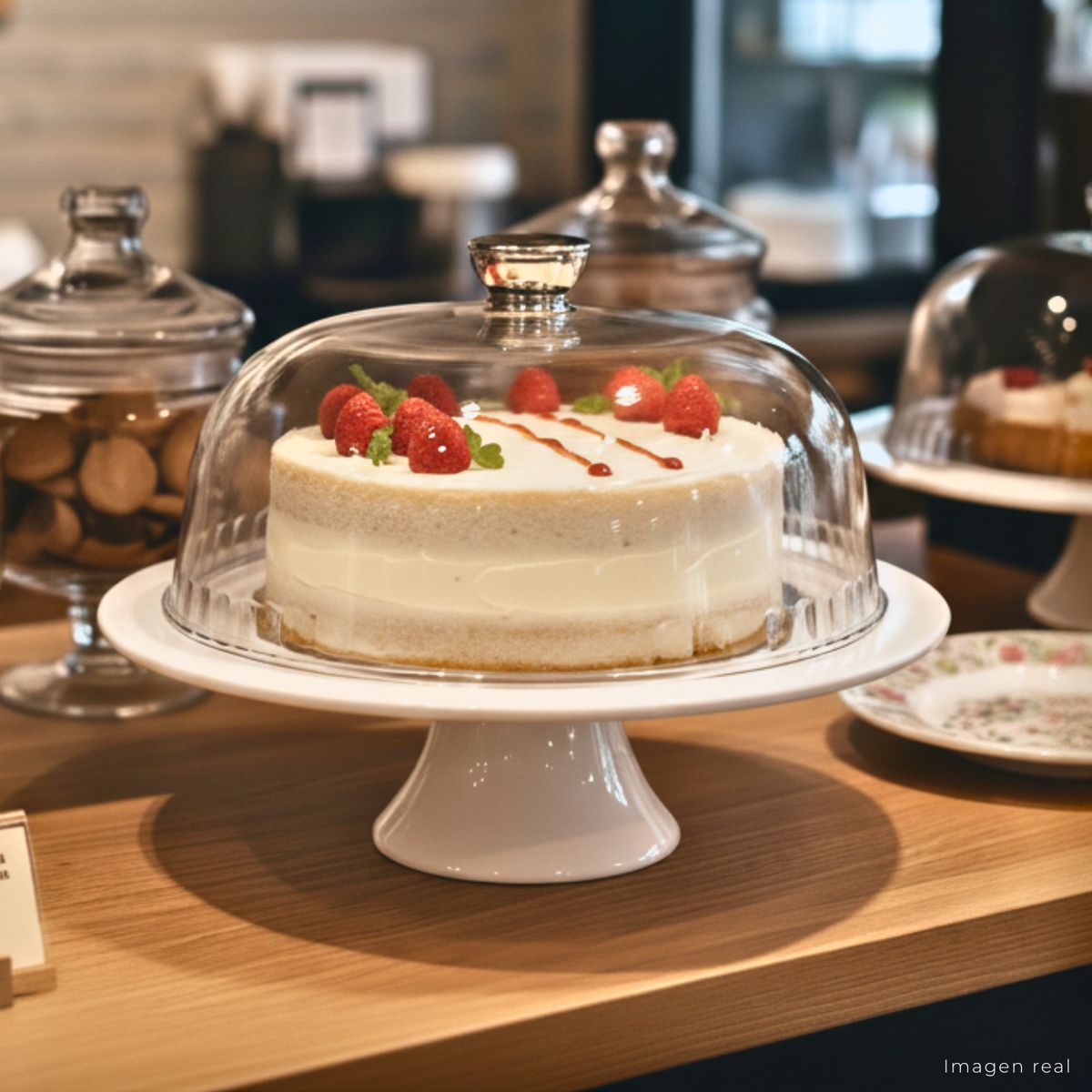 GENERICO - Porta Torta de Cerámica Loza Blanco con Tapa Acrílica 26cm Expositor de Pasteles Repostería Vitrina