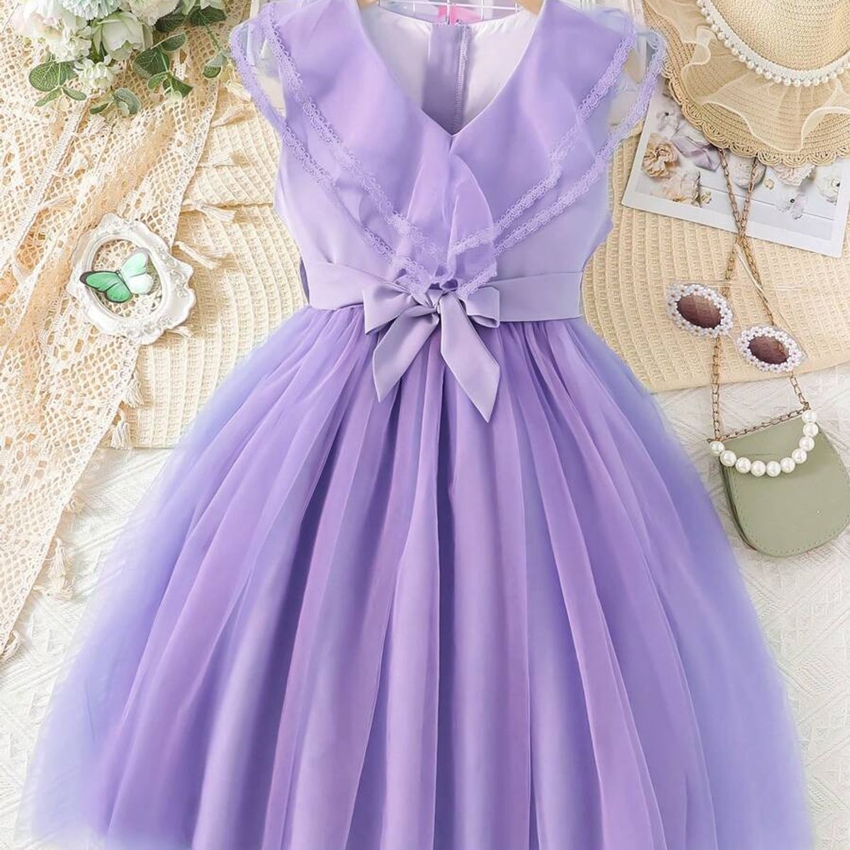 TAIS PRINCESS - Vestido fiesta morado con malla en contraste y cinturón