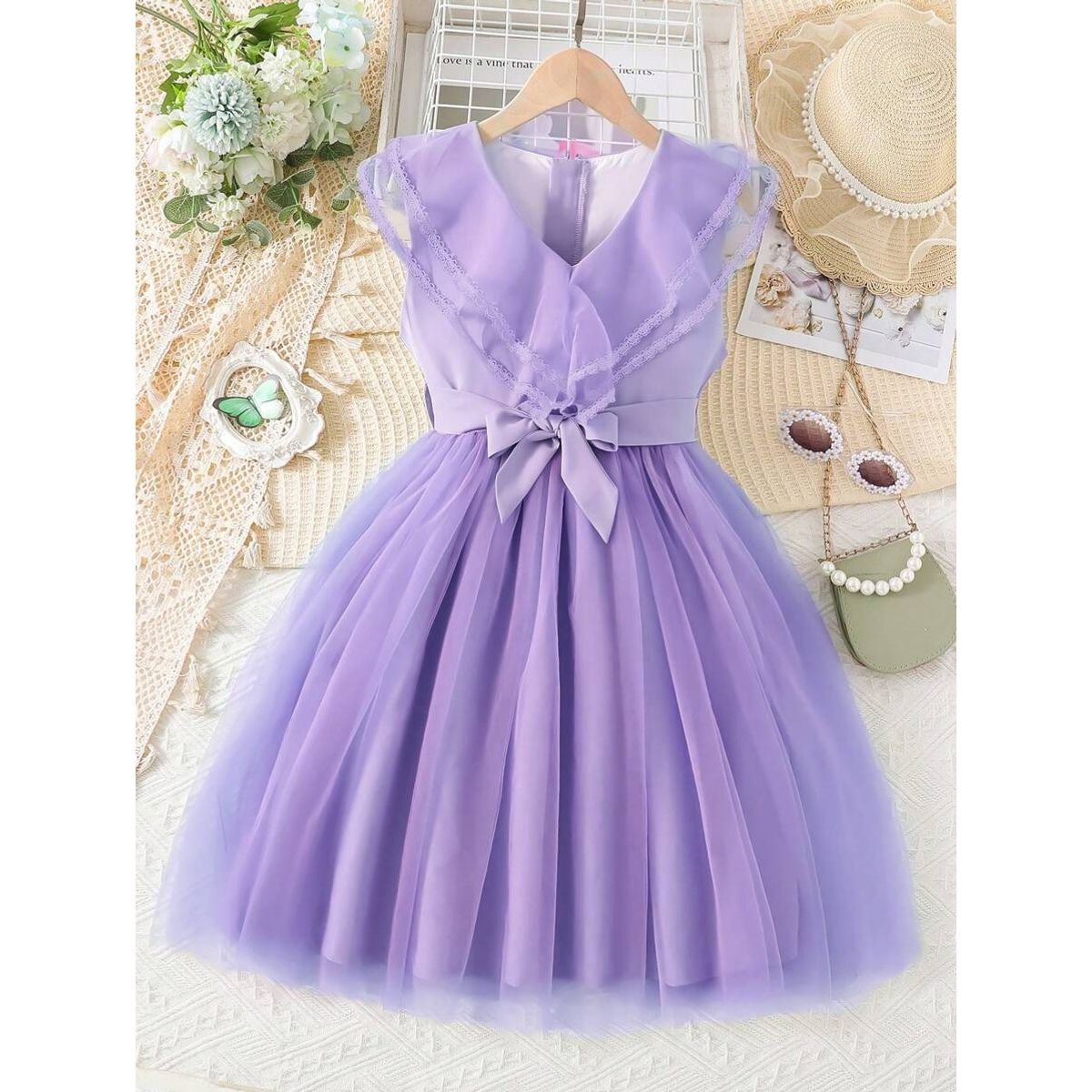 TAIS PRINCESS - Vestido fiesta morado con malla en contraste y cinturón