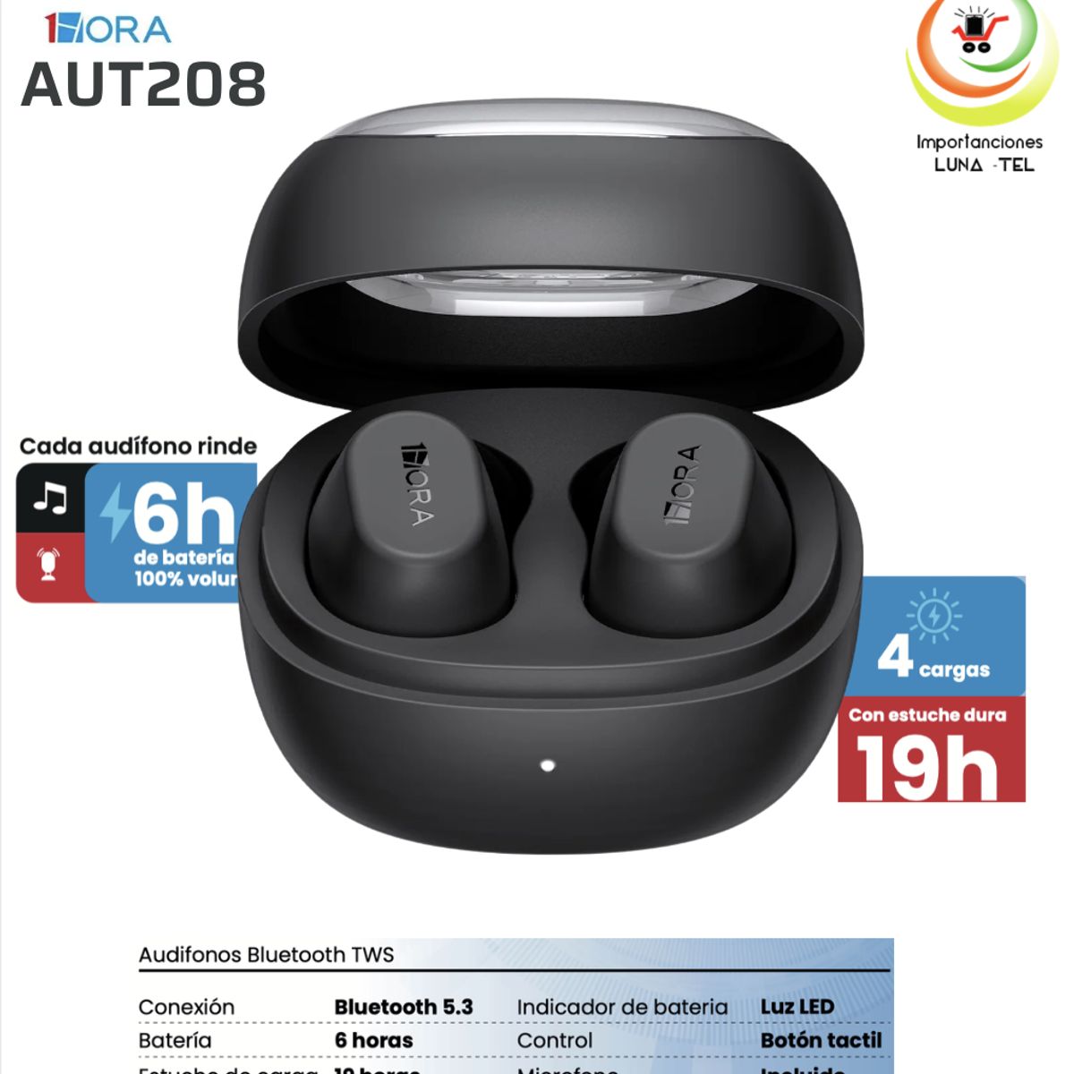 GENERICO - AUDIFONOS BLUETOOTH TWS MODELO AUT208 NEGRO MARCA 1HORA