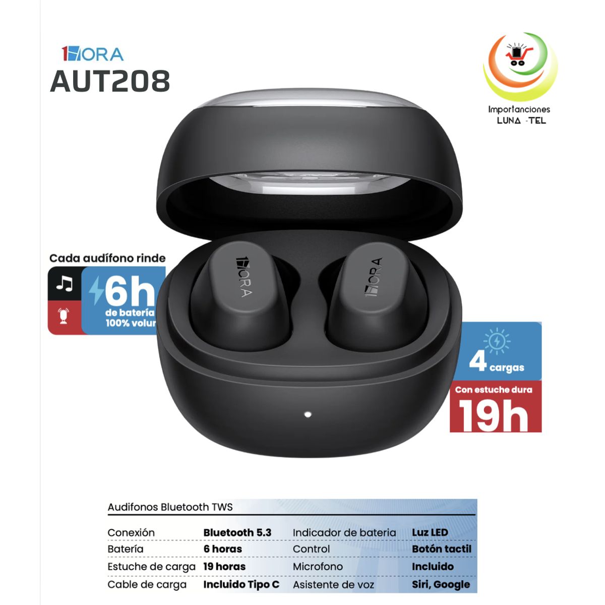 GENERICO - AUDIFONOS BLUETOOTH TWS MODELO AUT208 NEGRO MARCA 1HORA