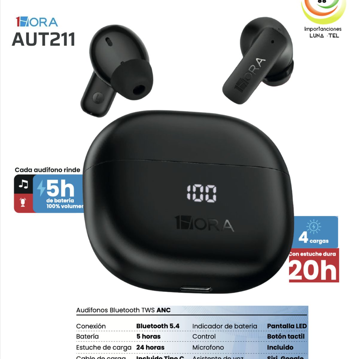 GENERICO - AUDIFONOS BLUETOOTH TWS, MODELO AUT211  NEGRO, MARCA 1HORA